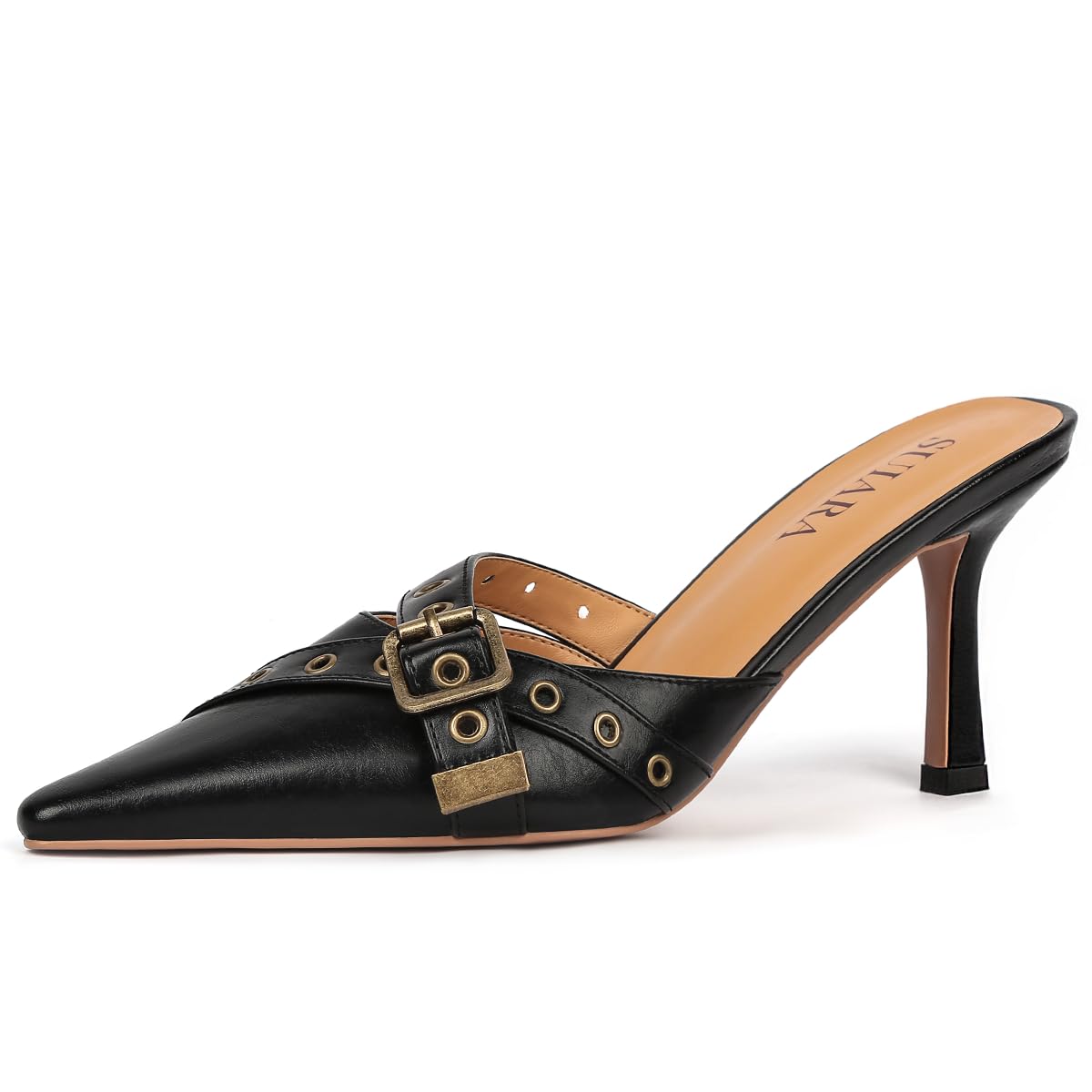 Kitten Heels for Women Closed Toe Heels Vintage Heeled Mules Sexy Pointy Studded Slip on Stiletto Dressy Pumps