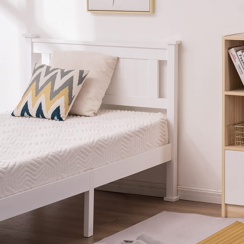 Bonnlo Twin Size Solid Wood Platform Bed Frame, Single Bed with Headboard, No Box Spring Needed Panel Bed, Wood Slat Support Mattress Foundation, White