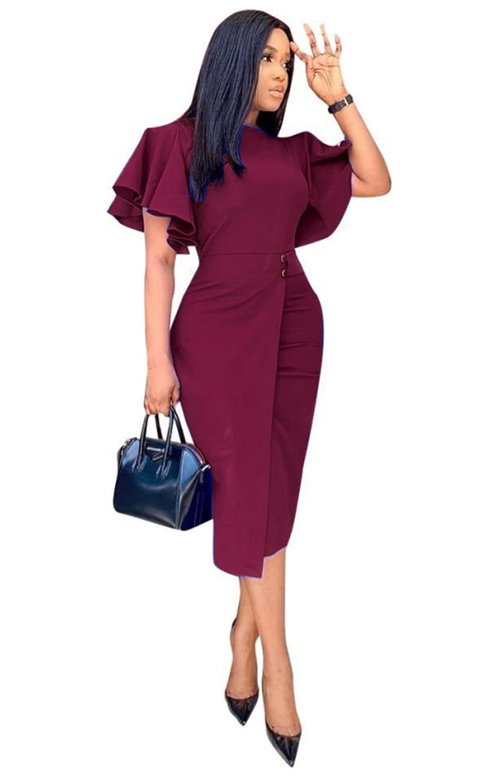 Ekaliy Women's Ruffle Sleeve Vintage Bodycon Peplum Business Formal Work Pencil Dress