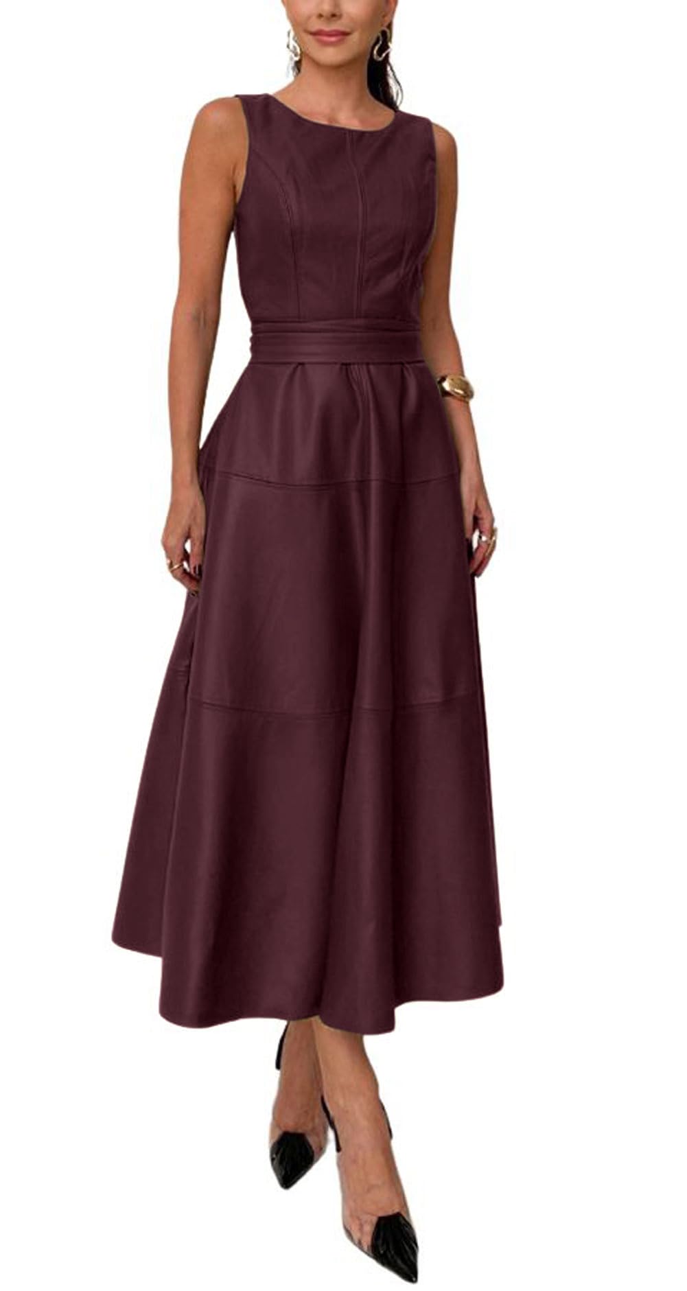 CHARTOU Women PU Faux Leather Sleeveless Elegant Flowy Long Dress Party Night Out Dress with Belt