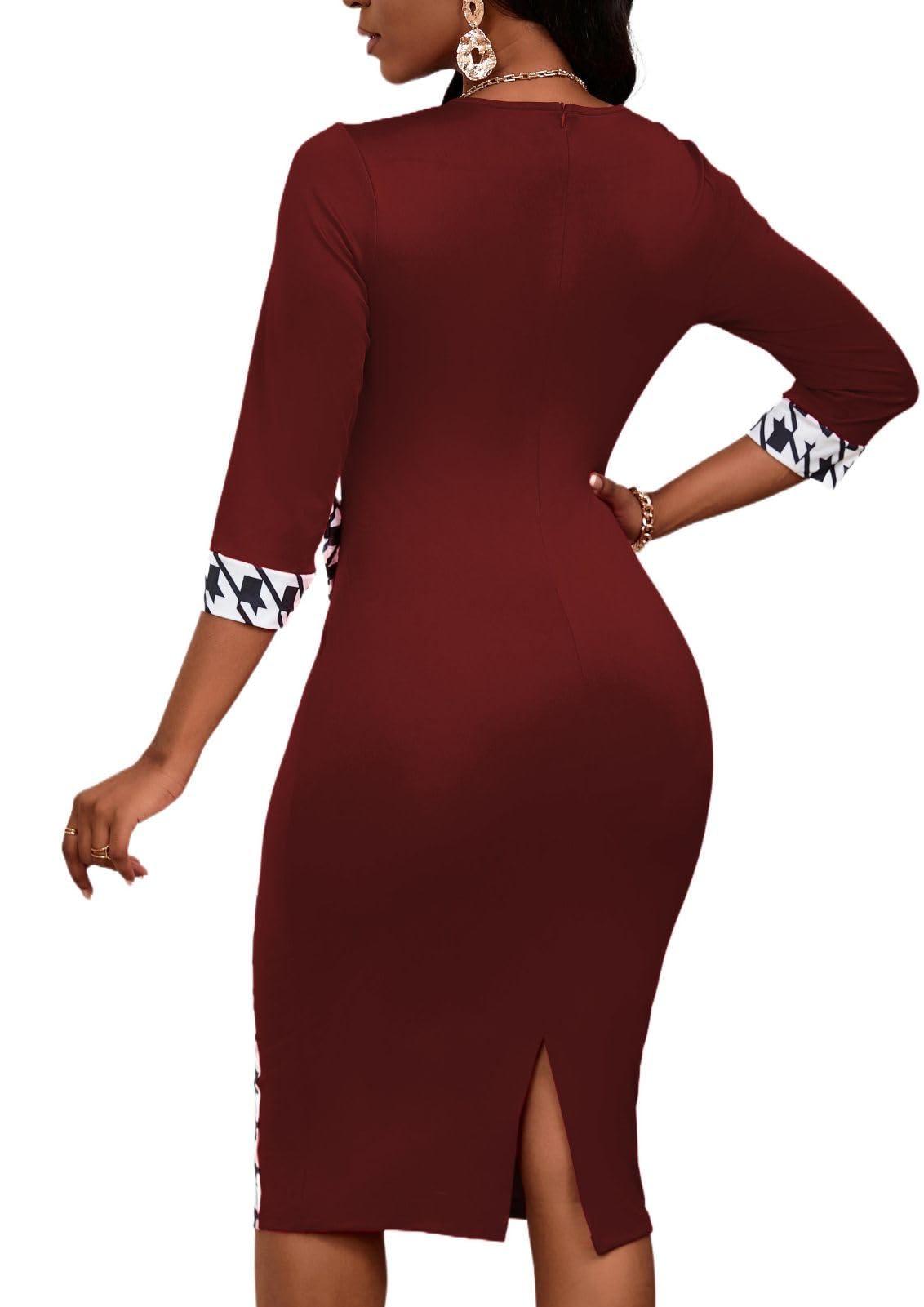 PerZeal Women's 3/4 Sleeve Round Neck Casual Houndstooth Bodycon Wear to Work Pencil Sheath Midi Dresses