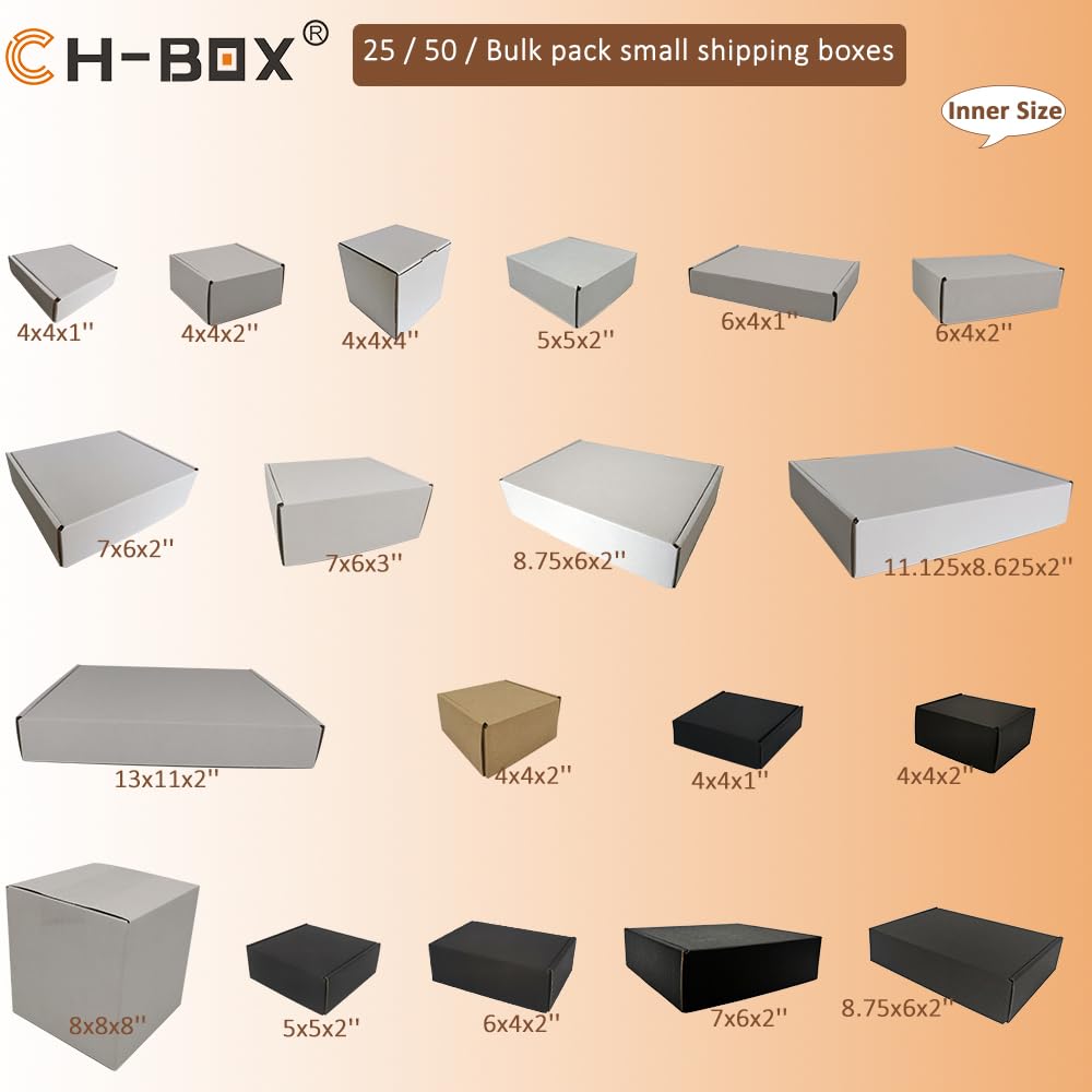 4x4x1'' Small Shipping Boxes 25 Pack, Corrugated Cardboard Mailers for Business, Black (CM441B25)