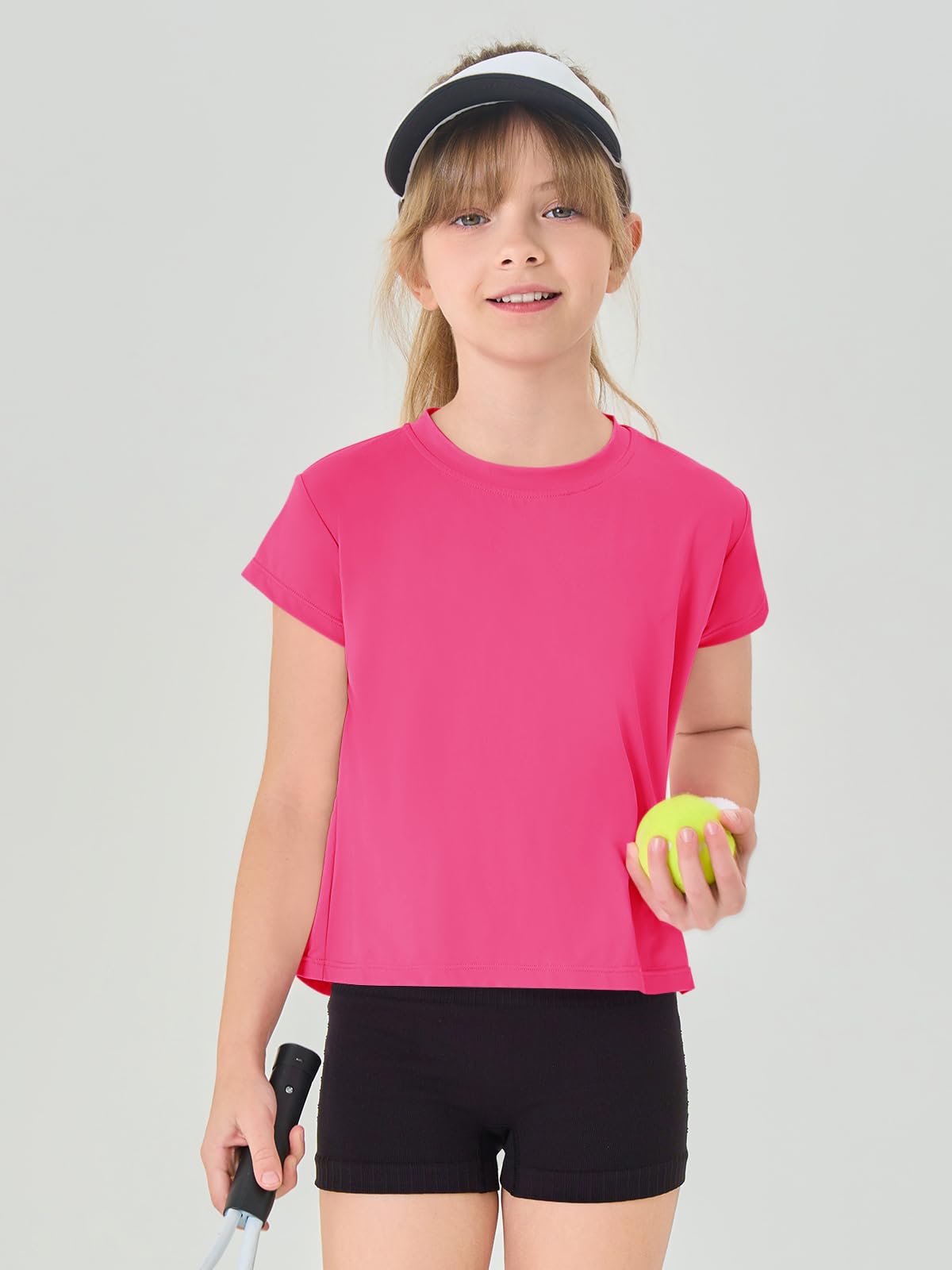 Haloumoning Girls Loose Athletic Shirts Short Sleeve Crop Tops Kids Quick Dry Gym Yoga Tees 5-14 Years