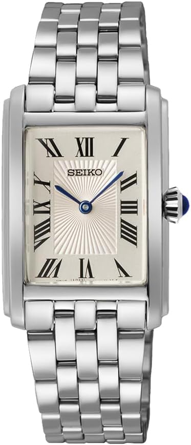 Seiko SWR083 Rectangular Watch - Essentials Collection - Roman Numeral Dial, Blue Hands, Stainless Steel Bracelet, and 50m Water Resistance