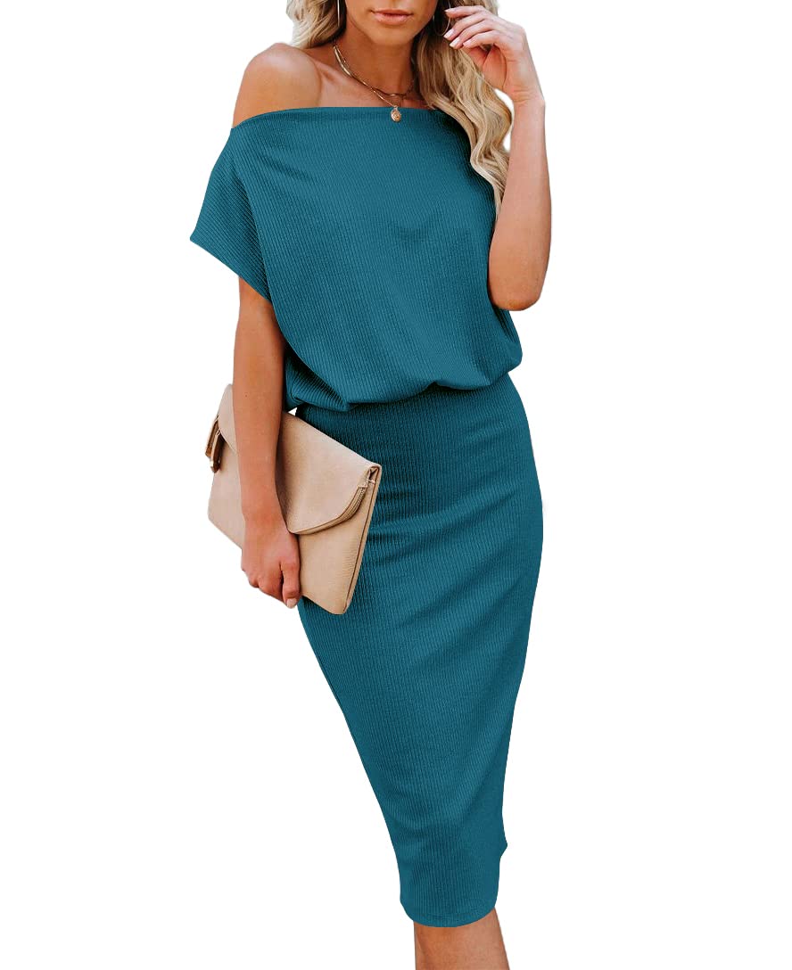 EZBELLE Women's Summer Dress Off The Shoulder Short Sleeve Ribbed Casual Party Bodycon Midi Dresses