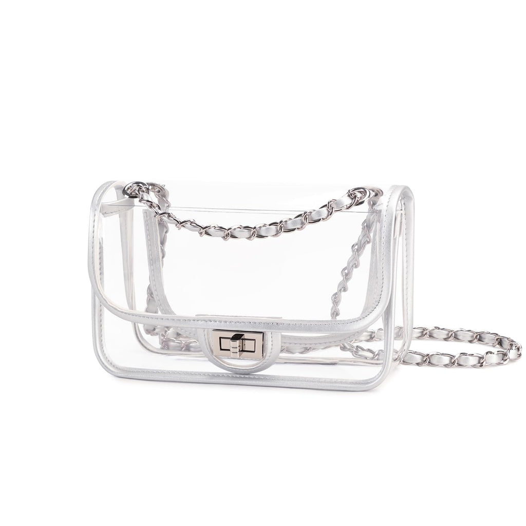 Womens PVC Clear Purse Handbag with Chain Stadium Approved Clear Bag See Through Bag for Working and Concert