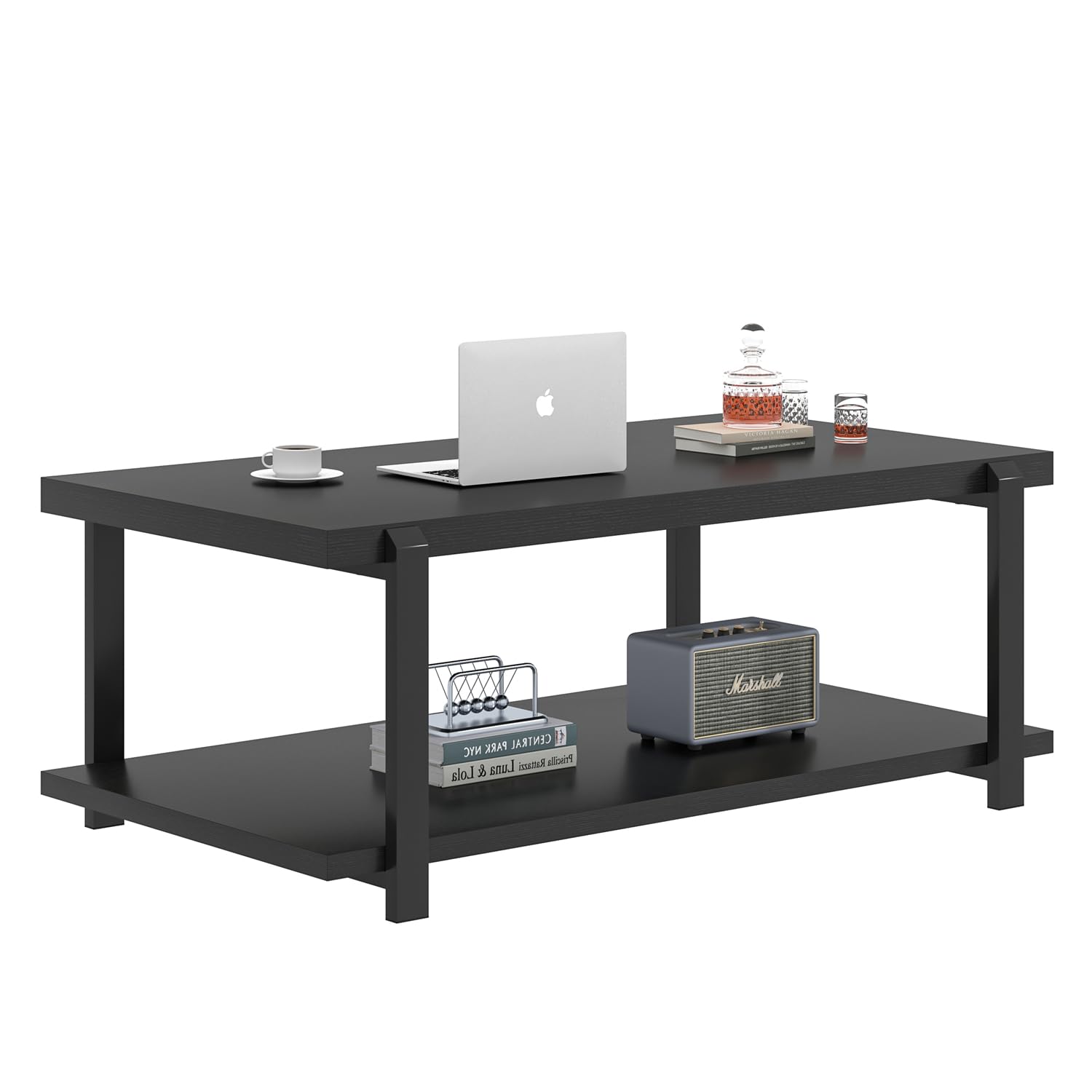 FOLUBAN Black Coffee Table, Modern Rustic Wood Center Table with Storage for Living Room, Industrial Rectangle 2 Tier Cocktail Tea Table, Black Oak