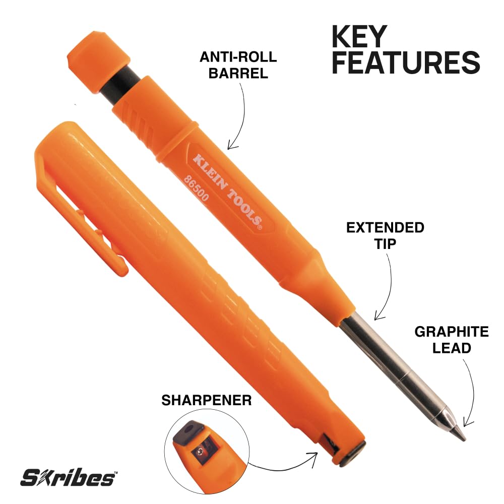Klein Tools 86501 Skribes 2.8 mm Mechanical Carpenter Pencil with Built-In Sharpener, 4 Refills, and Deep Hole Marking for Woodworking and Construction