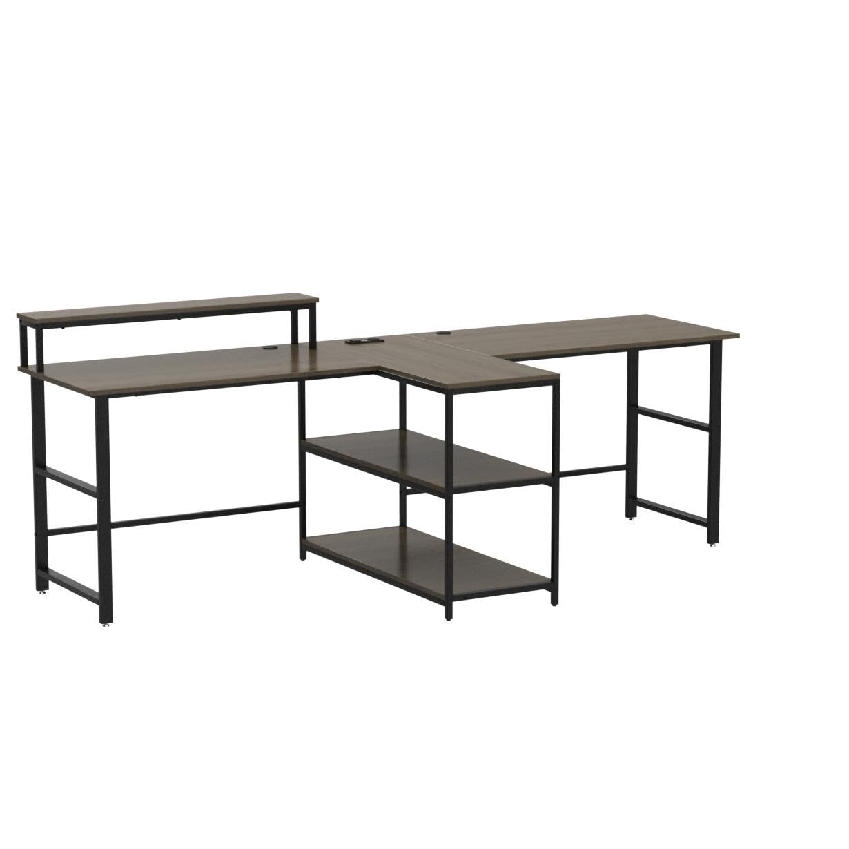 SEDETA 94.5" Office Computer Desk, 2 Person Gaming Desk with Storage, LED Lights, Keyboard Tray, Power Strip with USB & Monitor Stand, Long Two Person Desk for Home Office, Black
