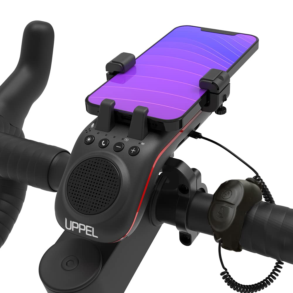 UPPEL Bluetooth Speaker Bicycle, Multifunctional Bike Phone Holder 10-in-1- LED Light - Bike Horn - Microphone - Ideal for Road & Mountain Bike (Black)