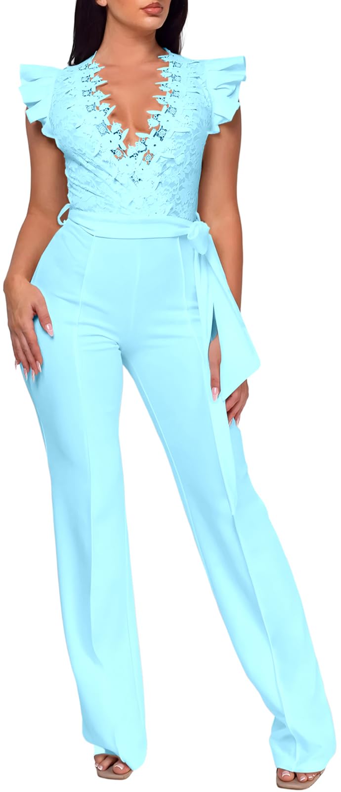 PaladMom Womens Elegant Plus Size Jumpsuits Sexy Back zipper Short Sleeve Mid Waist Wide Leg Straight Rompers