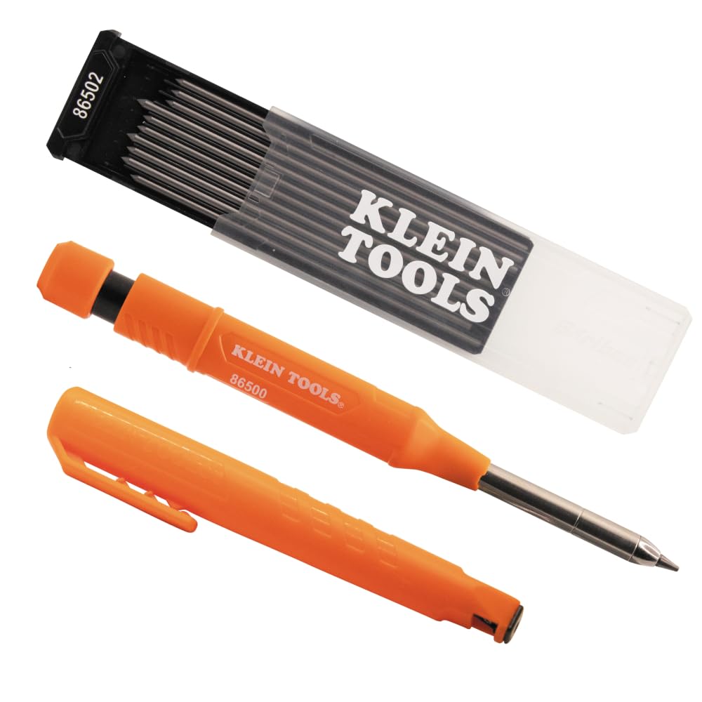 Klein Tools 86501 Skribes 2.8 mm Mechanical Carpenter Pencil with Built-In Sharpener, 4 Refills, and Deep Hole Marking for Woodworking and Construction