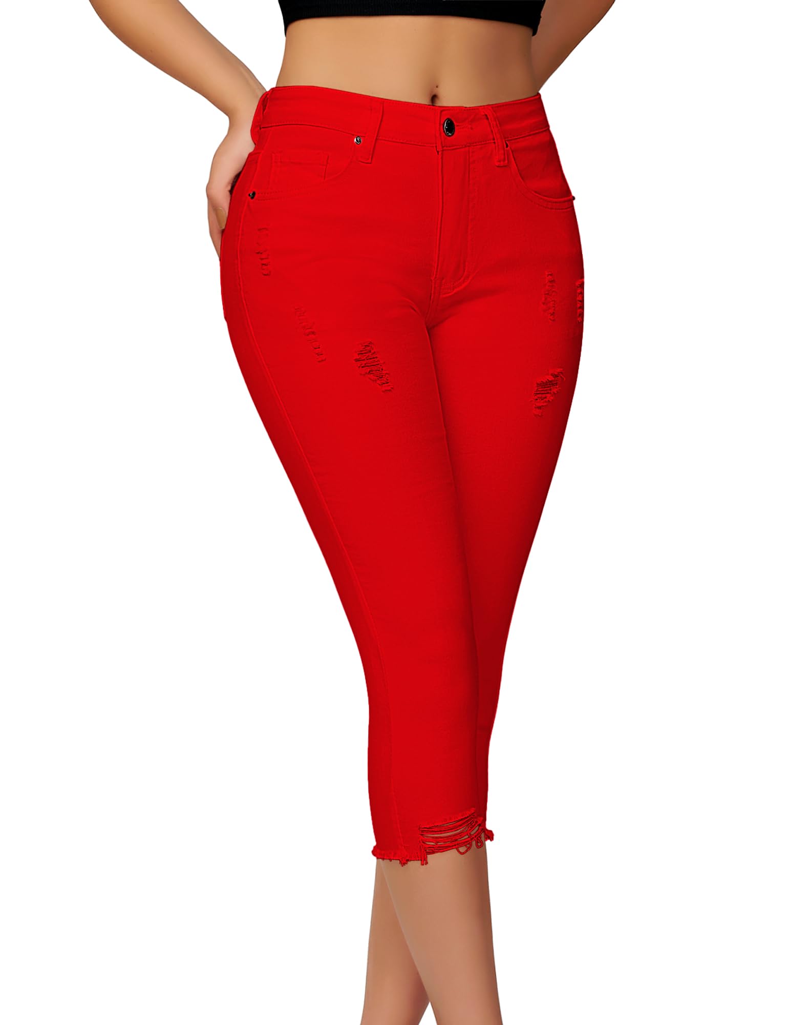 roswear Women's Capri Pants Mid Rise Skinny Ripped Stretchy Cropped Distressed Jeans