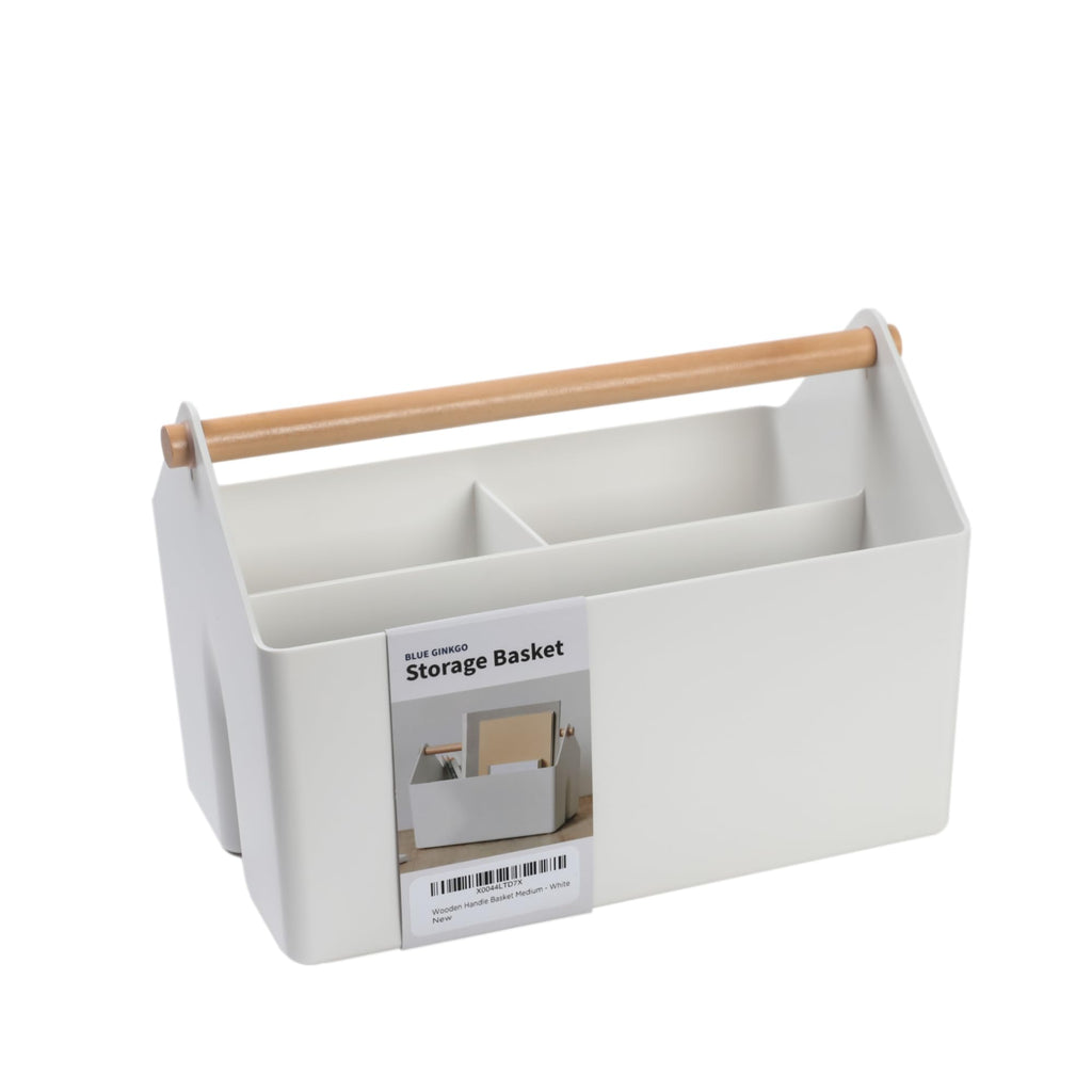 BLUE GINKGO Medium Storage Basket – Plastic Caddy with Wooden Handle for Office, Arts & Crafts, or Home Supplies (Green)