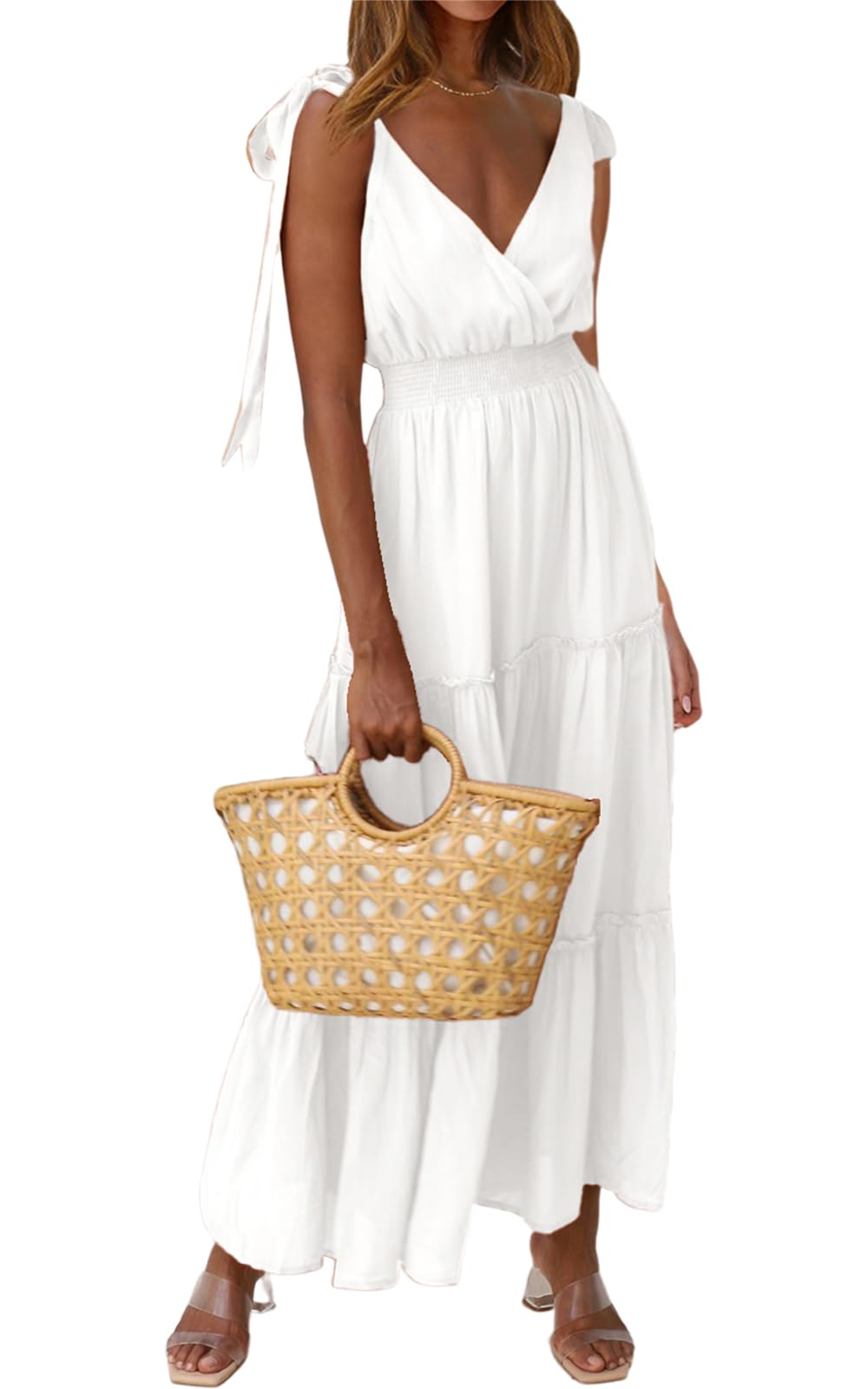 PRETTYGARDEN Women's Cross Neck Summer Sleeveless Tiered Maxi Dress Beach Tie Strap Smocked Long Dresses Pleated Sundress