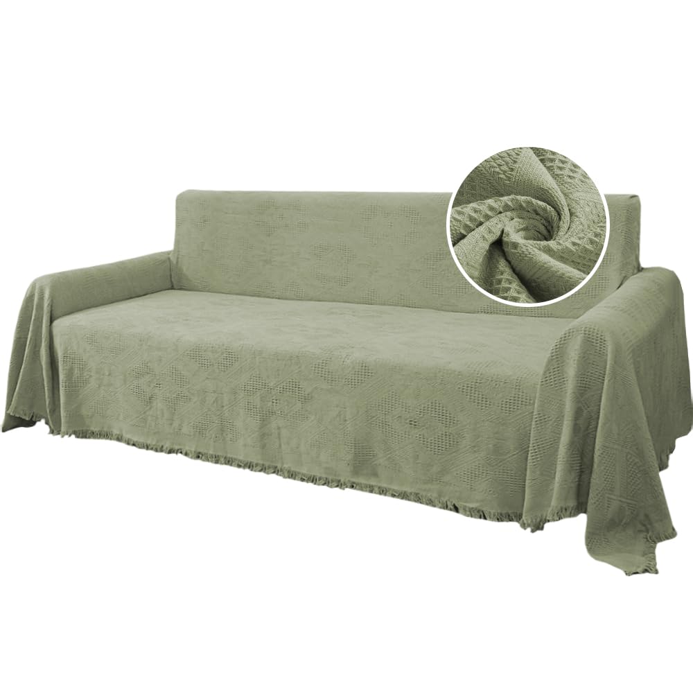 H.VERSAILTEX Cotton Sofa Covers Couch Cover Sofa Slipcover for Most Shape Sofas, Feature Thick Woven Jacquard Seamless with Tassels, Multi-Use Decorative for Couch (Medium: 71" x 91", Green)