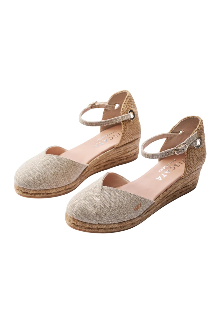 Viscata Pubol Espadrille Canvas Low Wedges with Ankle Strap Spain Handmade 2” Heel Women's Sandals with Breathable Organic Cotton Canvas and 100% Natural Jute for all Occasions: Casual, Work, Party