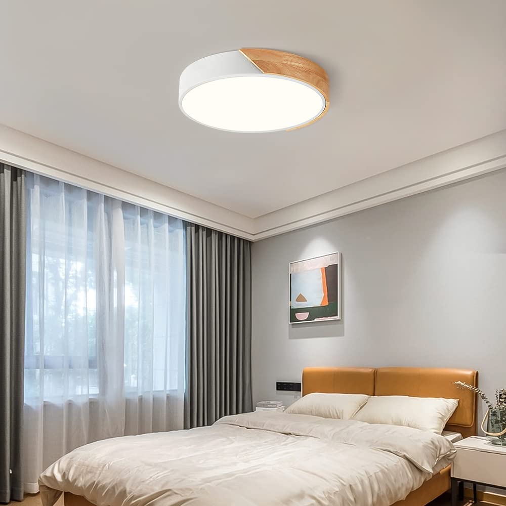 Modern LED Ceiling Light, Minimalist Wood Dimmable Flush Mount Ceiling Light Fixture, Round 5CCT Lighting Lamp with Acrylic Lampshade for Bedroom Hallway Kitchen Laundry, Black 11.8"