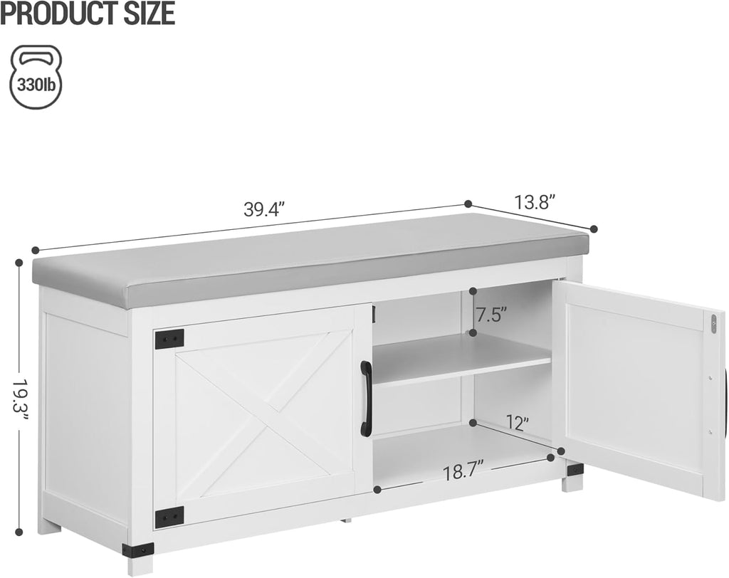 Hzuaneri Shoe Storage Bench, 2 Tier Shoe Bench with Padded Seat Cushion & 2 Barn Doors, Entryway Bench with Adjustable Shelf, Farmhouse Shoe Cabinet for Living Room, Bedroom, Antique White SB26214KA