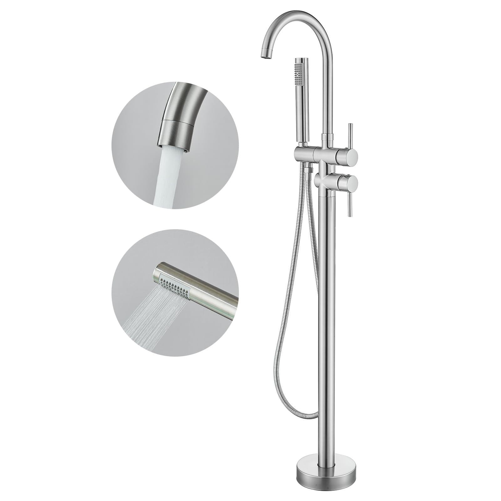 Brushed Gold Freestanding Bathtub Faucet with Hand Shower Tub Filler Faucet Floor Mounted High Flow Single Handle Bath Filler Solid Brass