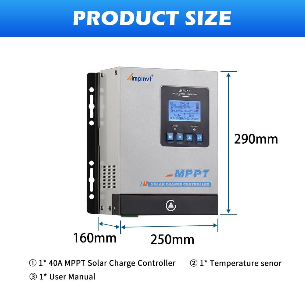 Ampinvt 40A MPPT Solar Charge Controller 12V 24V 36V 48V Auto, PV 150V Max Input Solar Panel Regulator 40amp for AGM Sealed Gel Flooded Lithium Battery