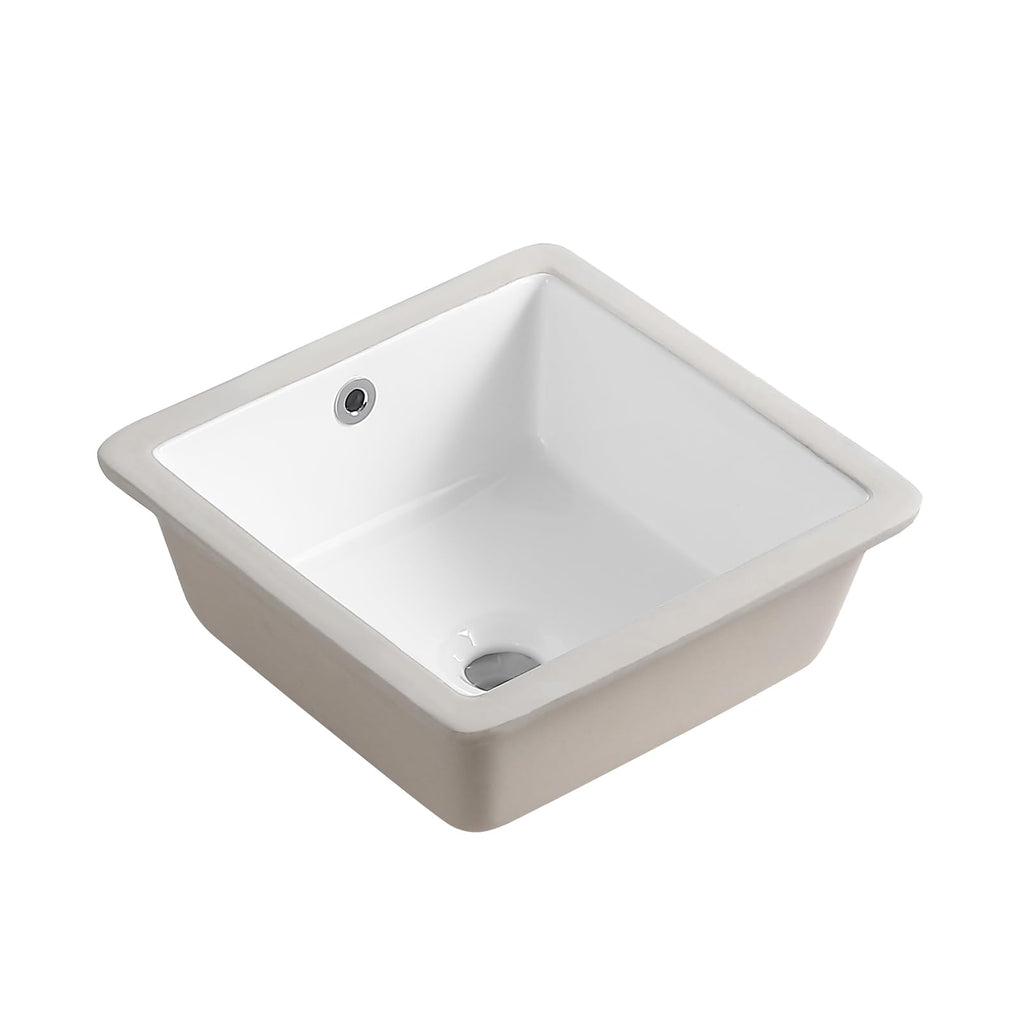 KINGWONG 14 Inch Small Square Undermount Bathroom Sink, 13.75" Ceramic White Porcelain Under Counter Basin for Vanity, Modern Rectangular Sink with Overflow Hole, Easy to Clean, Interior 11.5" x 11.5"
