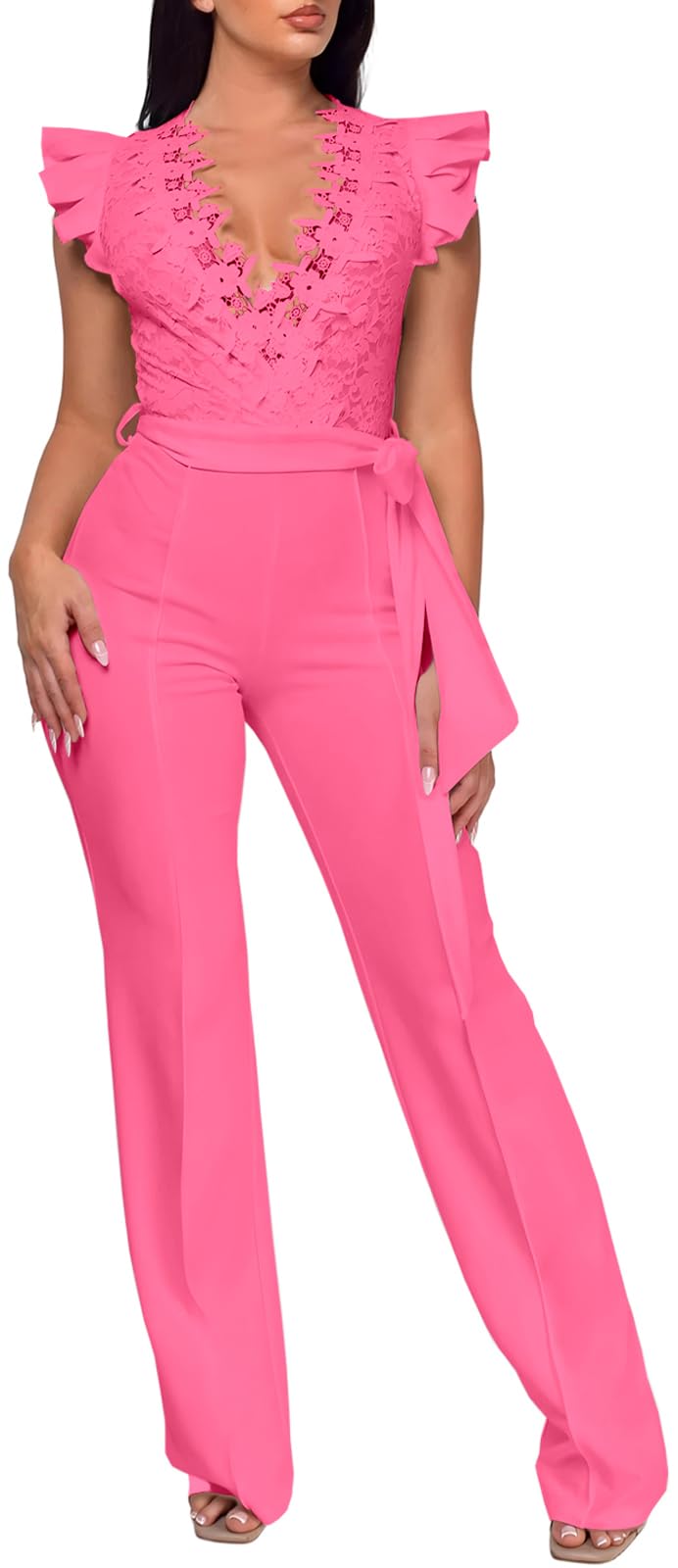 PaladMom Womens Elegant Plus Size Jumpsuits Sexy Back zipper Short Sleeve Mid Waist Wide Leg Straight Rompers