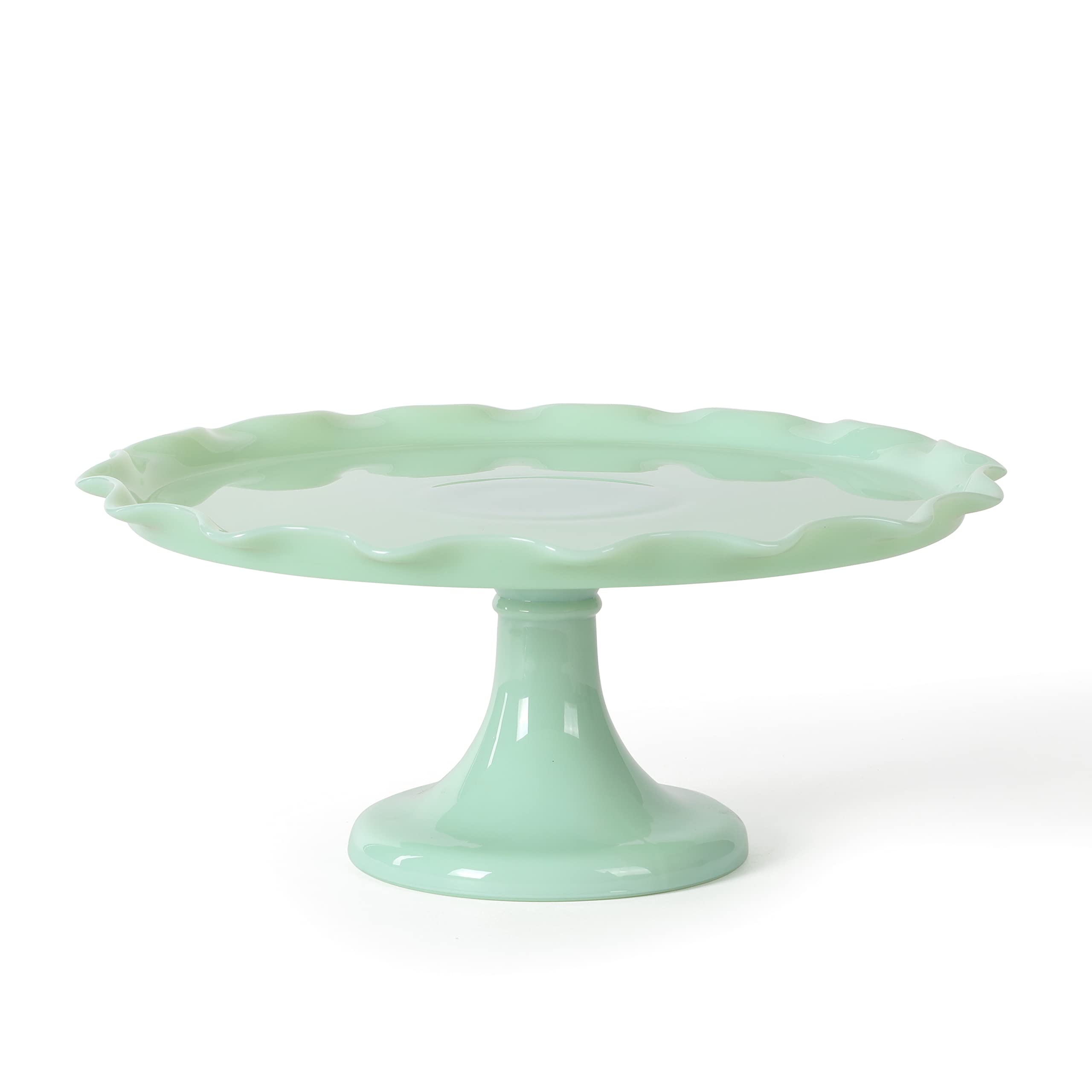 Martha Stewart Watercrest Glass Cake Stand, 10.2 Inch Footed Pedestal Cake Plate with Scalloped Ruffled Edge, Clear Handmade Glassware for Weddings, Parties, and Dessert Display
