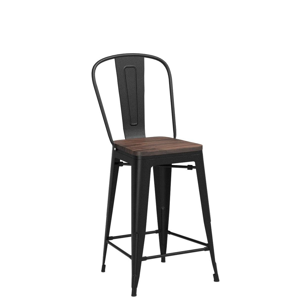 Barstools Set of 4 Counter Height Bar Stools for Kitchen Island Farmhouse Metal High Back Bar Chairs Wooden Seat 24" Matte Black