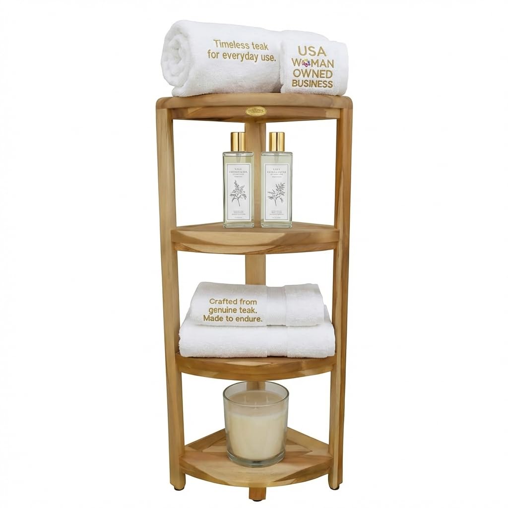 DecoTeak Teak Corner Shower Shelf – 2 Tier Waterproof Bathroom Storage Organizer Compact Wood Storage | Water-Resistant Design | Space Saver for Showers & Small Bathrooms | Shaving Foot Rest