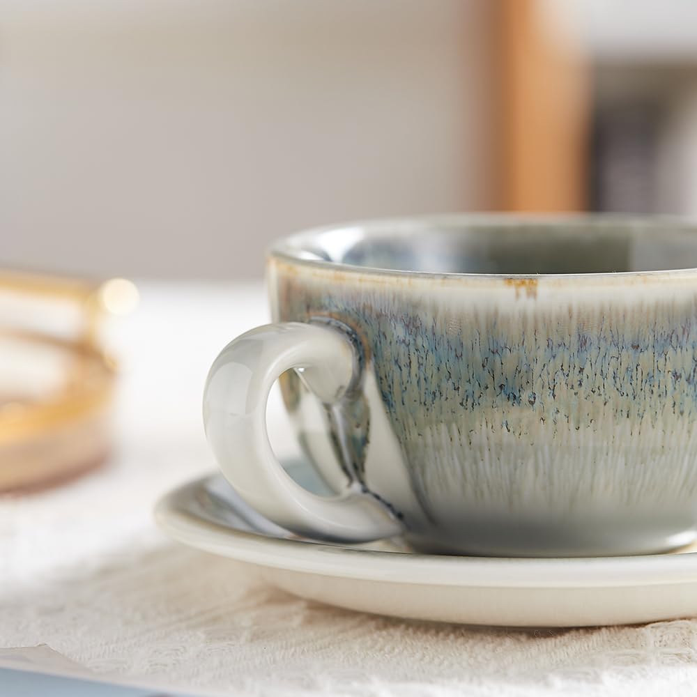 Coffeezone Vintage Design 12 oz Ceramic Latte Art Cappuccino Barista Cup with Saucer (Beige)