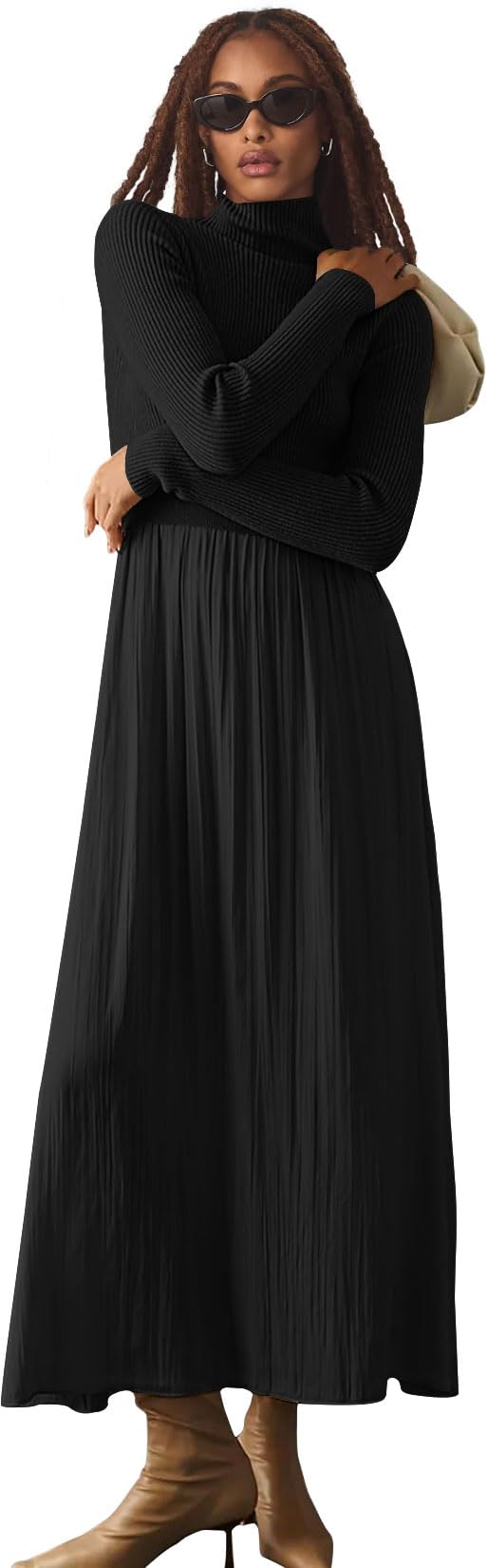 Womens Fall Mock Turtleneck Long Sleeve Ribbed Knit Pullover Tops Fashion Long Maxi Dress
