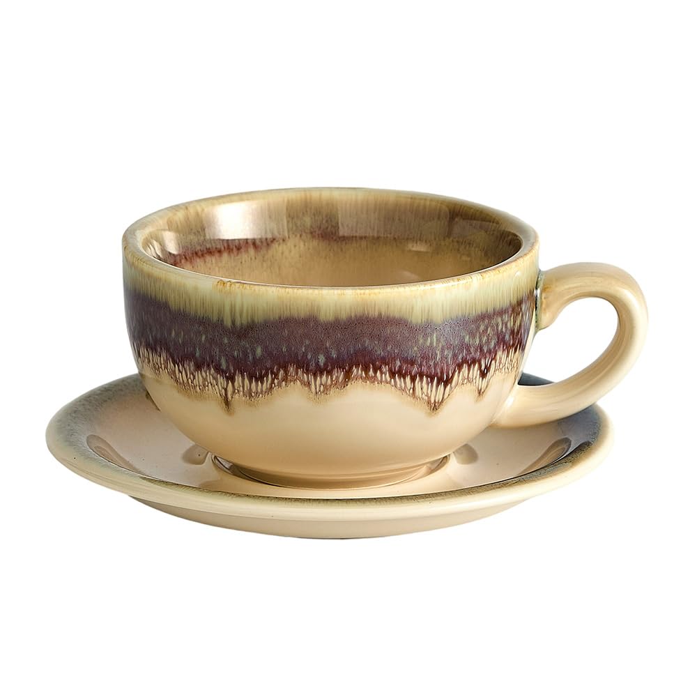 Coffeezone Vintage Design 12 oz Ceramic Latte Art Cappuccino Barista Cup with Saucer (Beige)