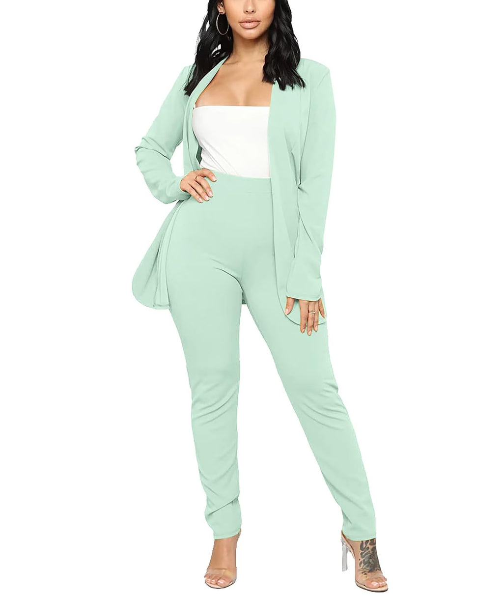 Aro Lora Women's 2 Piece Outfit Casual Solid Open Front Blazer and Pencil Pant Suits Set