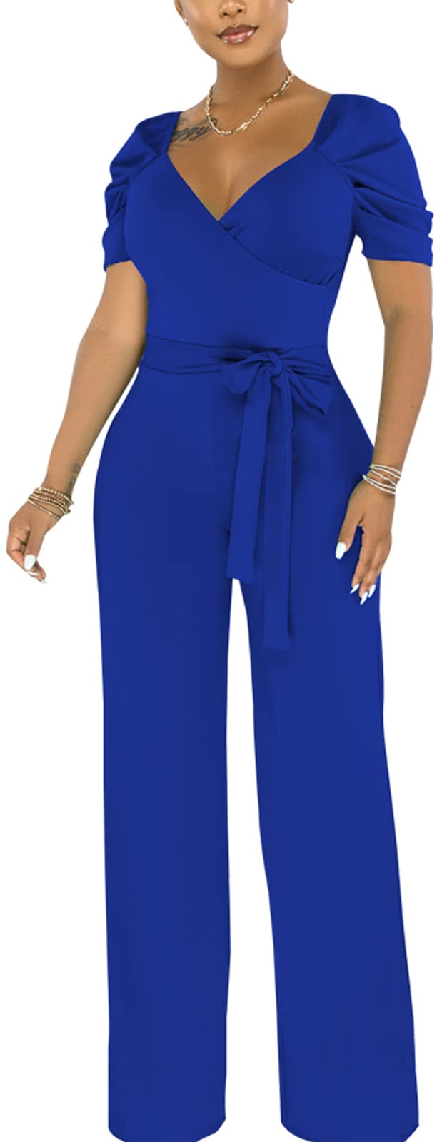 PaladMom Womens Elegant Plus Size Jumpsuits Sexy Back zipper Short Sleeve Mid Waist Wide Leg Straight Rompers