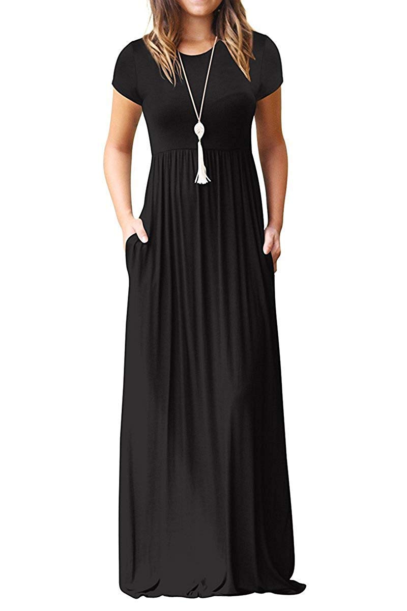 MISFAY Women Short Sleeve Loose Plain Maxi Dresses Casual Long Dresses Pockets
