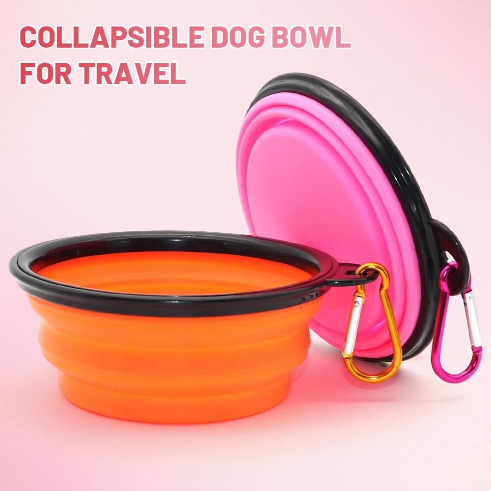 Dog Bowl Pet Collapsible Bowls, 2 Pack Collapsible Dog Water Bowls for Cats Dogs, Portable Pet Feeding Watering Dish for Walking Parking Traveling with 2 Carabiners (Small, Black & Pink)