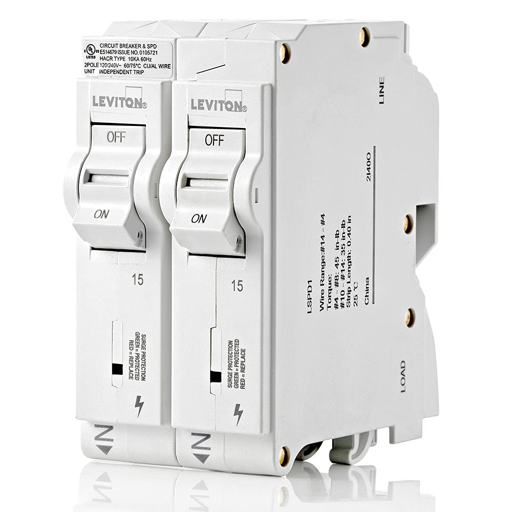 Leviton Surge Protective Device with Two 15A 1-Pole Plug-On Standard Branch Circuit Breakers, Hydraulic Magnetic, 120/240 VAC, LSPD1, White