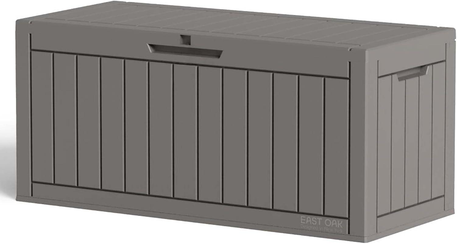 EAST OAK Outdoor Storage Box, 150 Gallon Deck Box, Large Resin Storage Bin for Patio Cushions, Gardening Tools, Lockable, Waterproof and UV Resistant, Grey