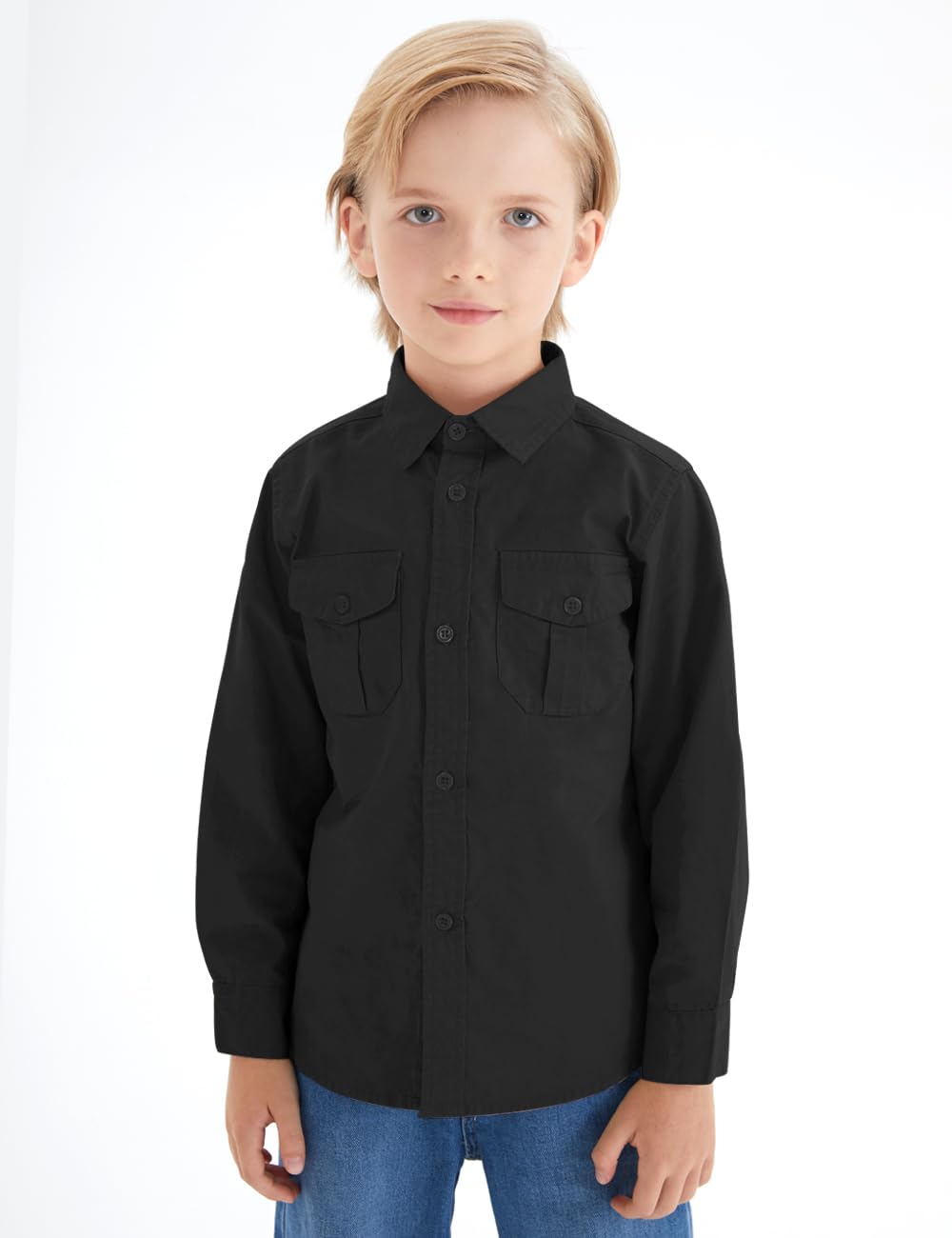 Spring&Gege Boys' Long Sleeve Button Down Shirt for Kids Woven Solid Two Pockets
