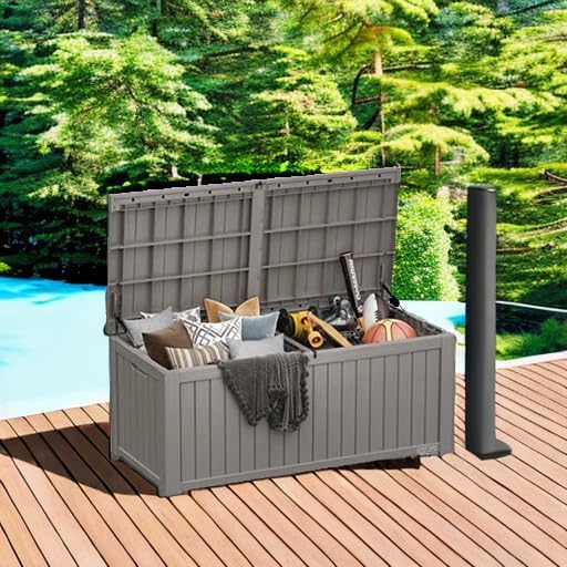 EAST OAK Outdoor Storage Box, 150 Gallon Deck Box, Large Resin Storage Bin for Patio Cushions, Gardening Tools, Lockable, Waterproof and UV Resistant, Grey