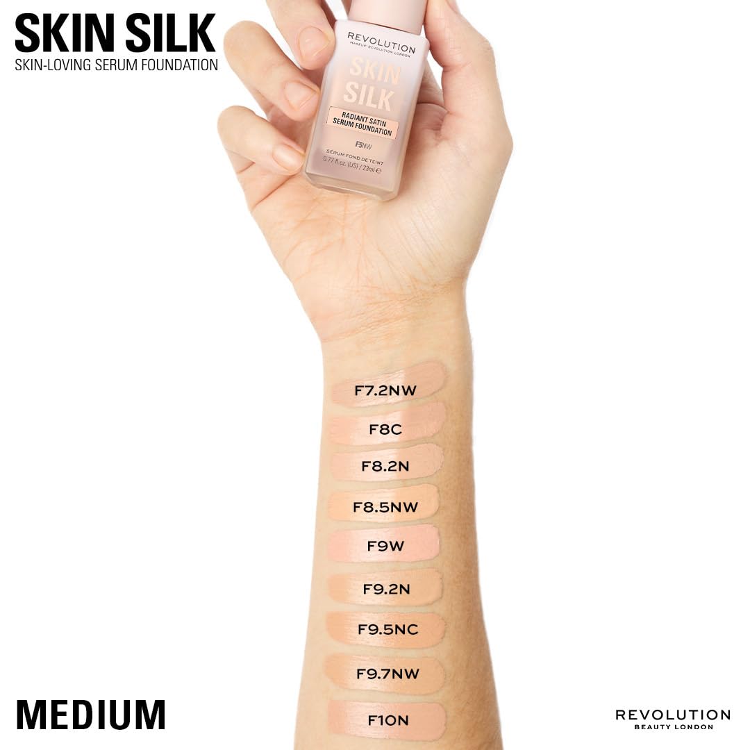 Revolution Skin Silk Radiant Satin Serum Foundation, Buildable Coverage with Hydrating Hyaluronic Acid for a Natural Finish, Vegan & Cruelty-Free, F0.5C Fair Skin Tones, 0.77 fl oz
