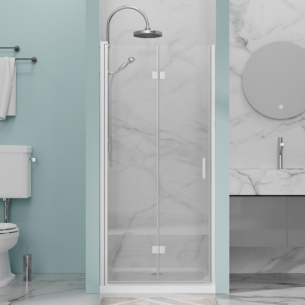 28” x 72” Pivot Shower Door, 1/4 inch Tempered Glass Panel Pivot Swing Shower Door in Matte Black Finish, Semi-Frameless Design
