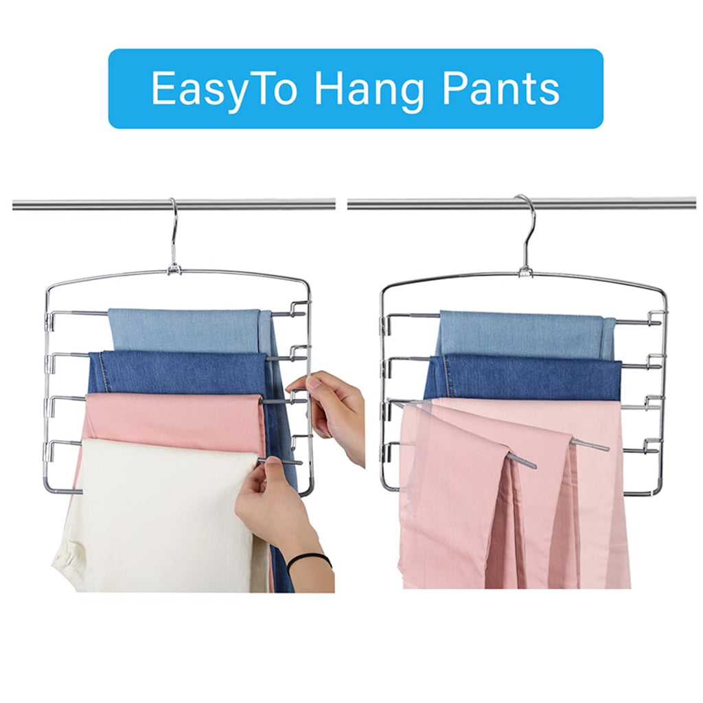 FeeraHozer Pants Hangers Non Slip 3 Pack Space Saving Hangers Multi-Layer Swing Arm Pants Hanger Stainless Steel Space Saver Hanger Closet Storage Organizer for Jeans Trouser Slacks Clothes (Black)