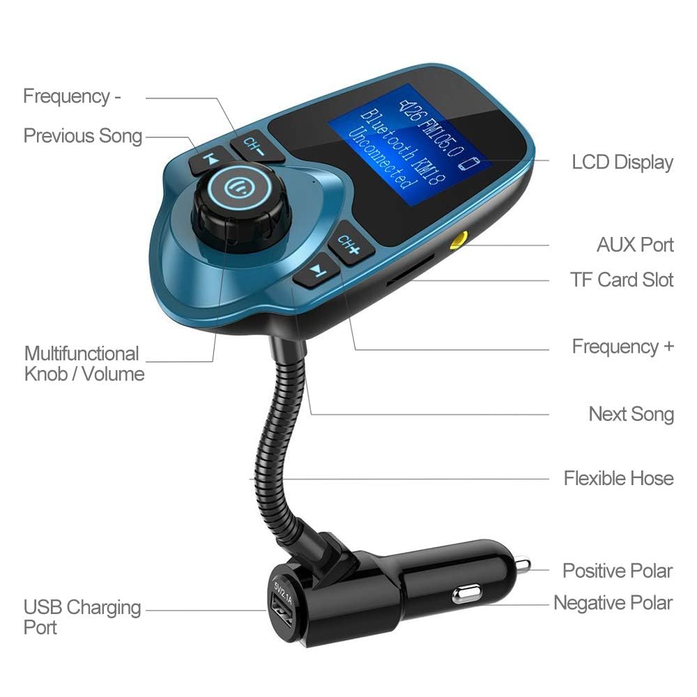 Nulaxy KM18 Bluetooth 5.4 Car Adapter with 1.44" Clear Display & Flexible Gooseneck - FM Radio Transmitter & Bluetooth Receiver for Hands-Free Calls, Wireless Music via BT/FM/AUX/TF, USB Car Charger