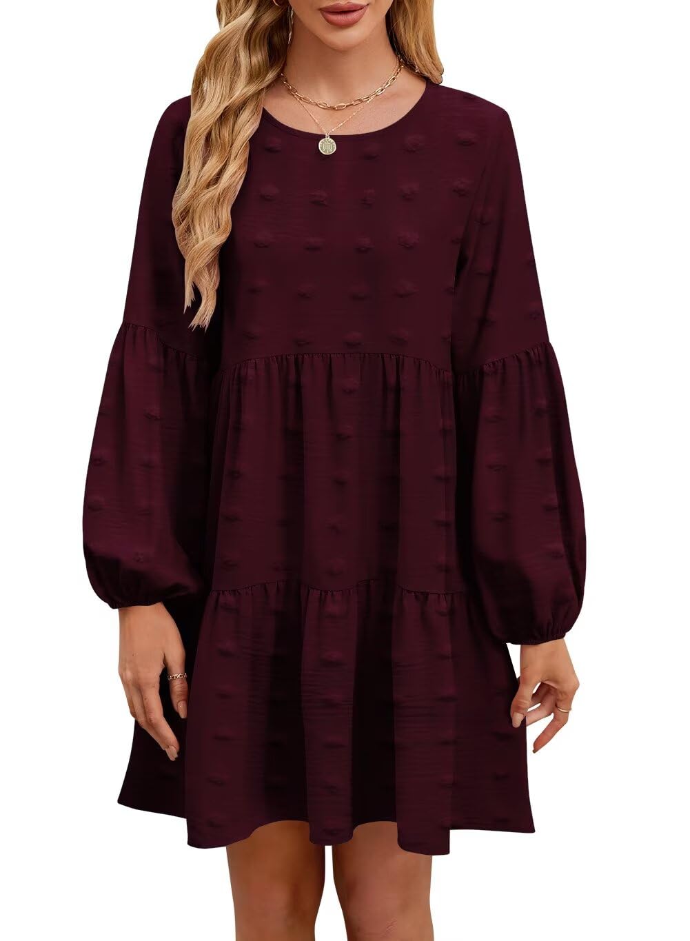 QACOHU Falll Dresses for Women 2026 Crew Neck Long Lantern Sleeve Casual Loose Flowy Swing Shift Dress