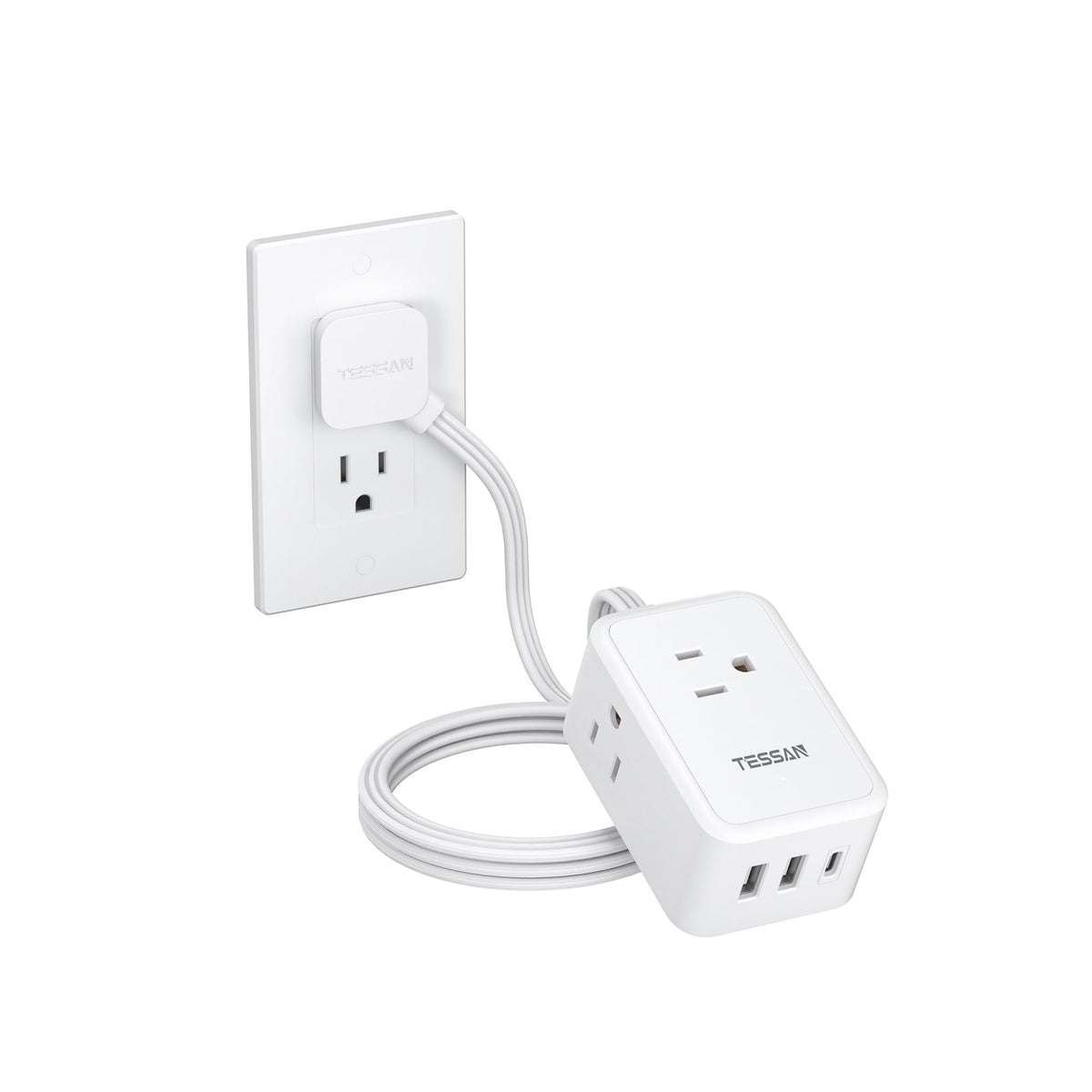 TESSAN Small Flat Plug Power Strip, Ultra Thin Extension Cord 5 ft, 3 AC Outlets with 3 USB Ports (1 USB C), Multiple Wall Outlet Extender for Cruise Travel Office School Dorm Room Essentials, Black