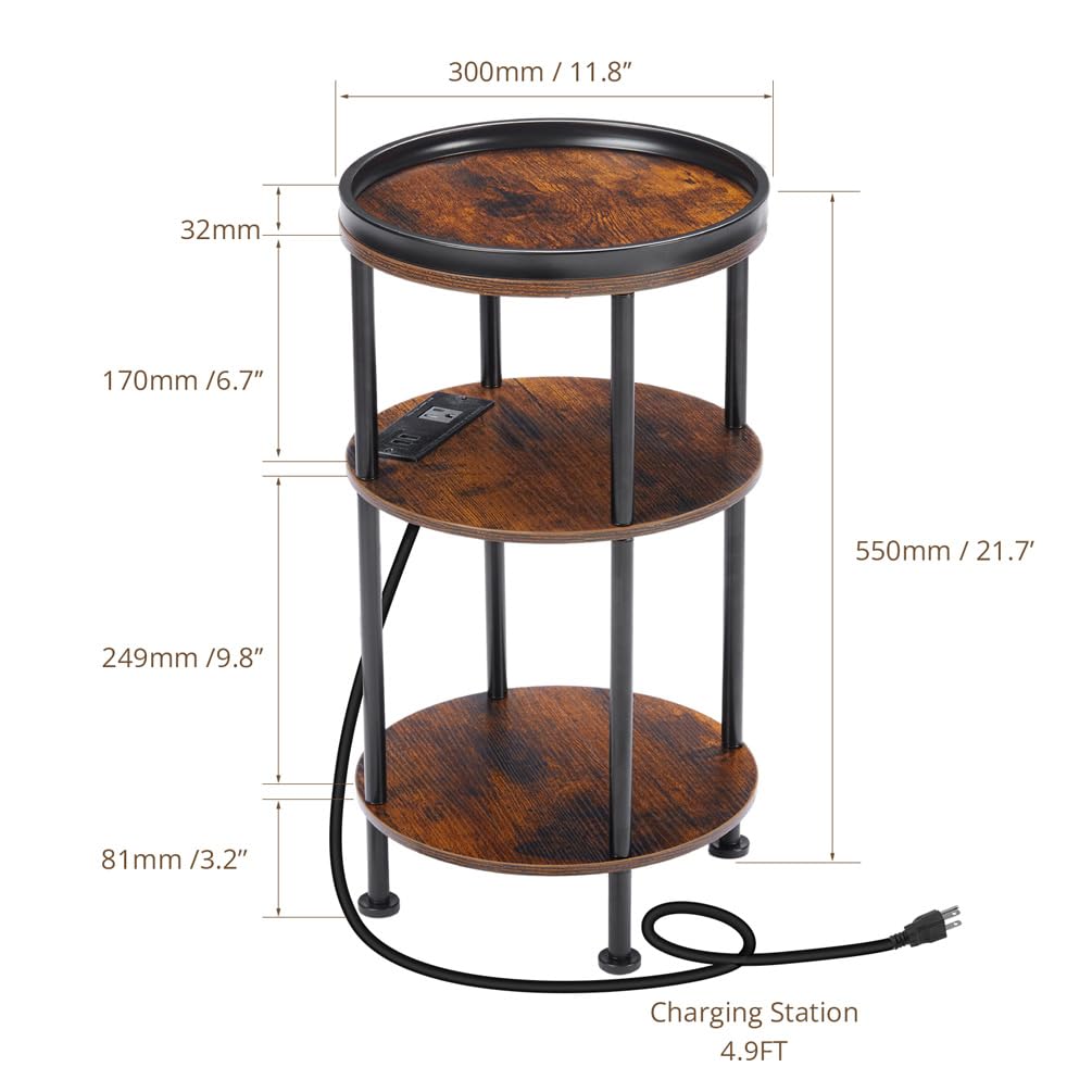 Small Round Side Table with Charging Station for Small Spaces, 3-Tier Accent Table with USB Ports & Power Outlets, Sofa Corner Tea Table for Living Room Nightstand Bedroom Apartment (Black)