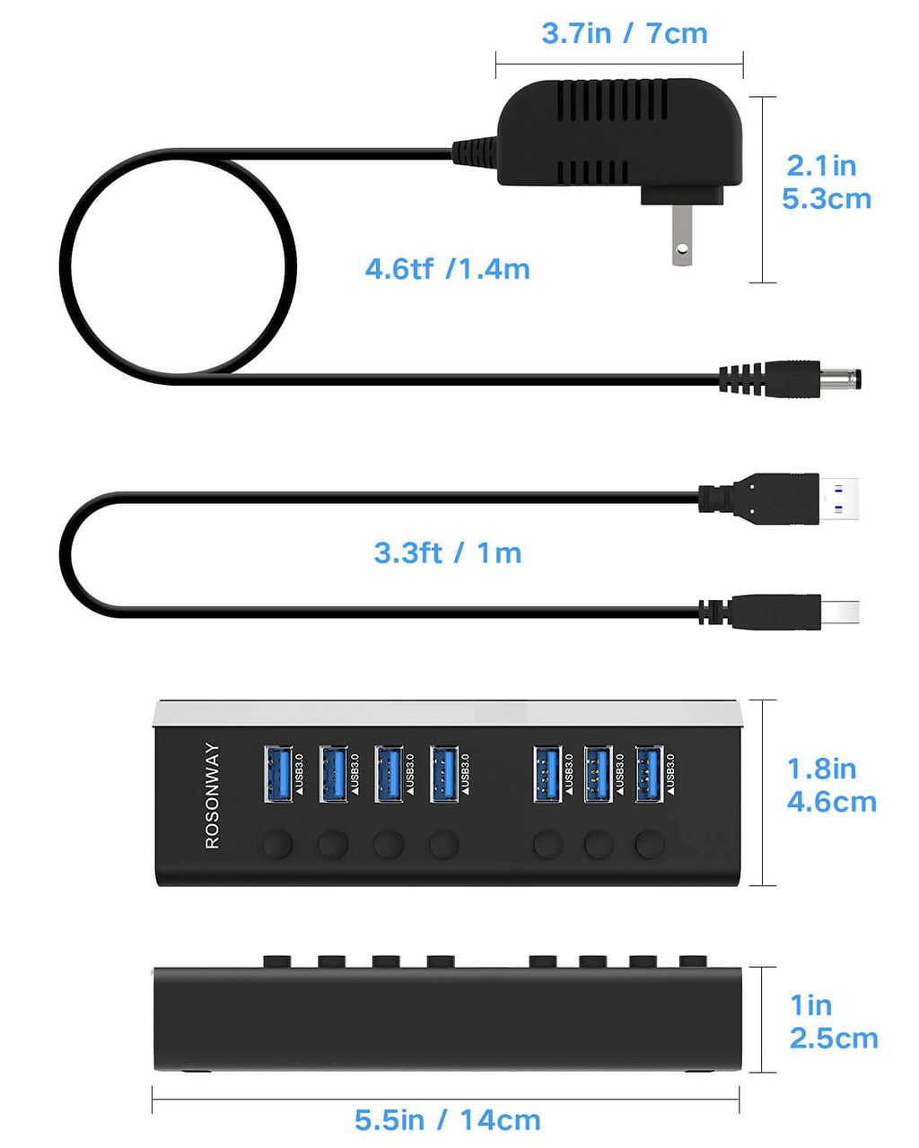 USB Hub 3.0 Powered Rosonway Aluminum 7 Ports USB 3.0 Data Hub Splitter with 24W (12V/2A) Power Adapter and Individual On/Off Switches USB Port Expander for PC and Laptop (RSH-A37S)
