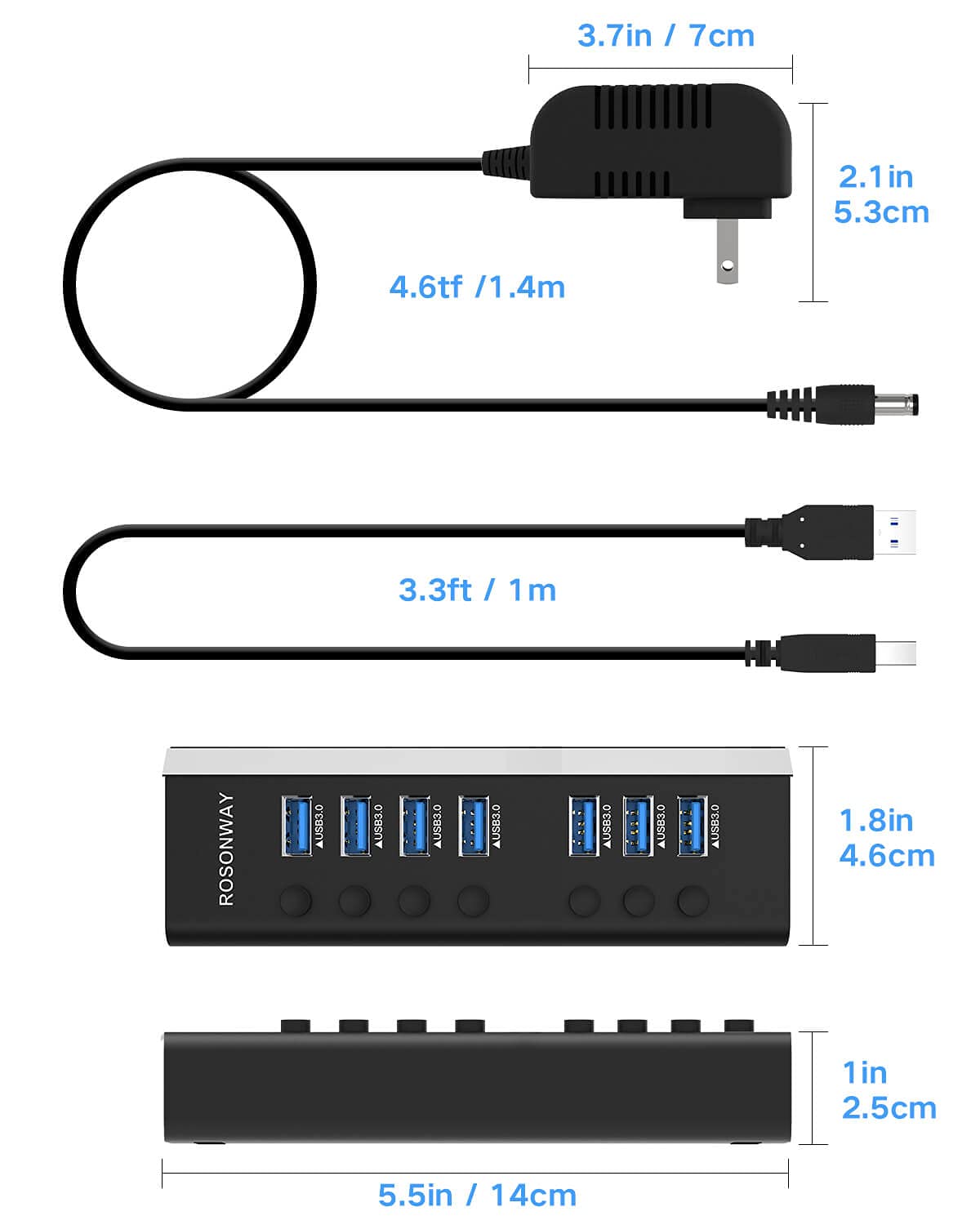 USB Hub 3.0 Powered Rosonway Aluminum 7 Ports USB 3.0 Data Hub Splitter with 24W (12V/2A) Power Adapter and Individual On/Off Switches USB Port Expander for PC and Laptop (RSH-A37S)